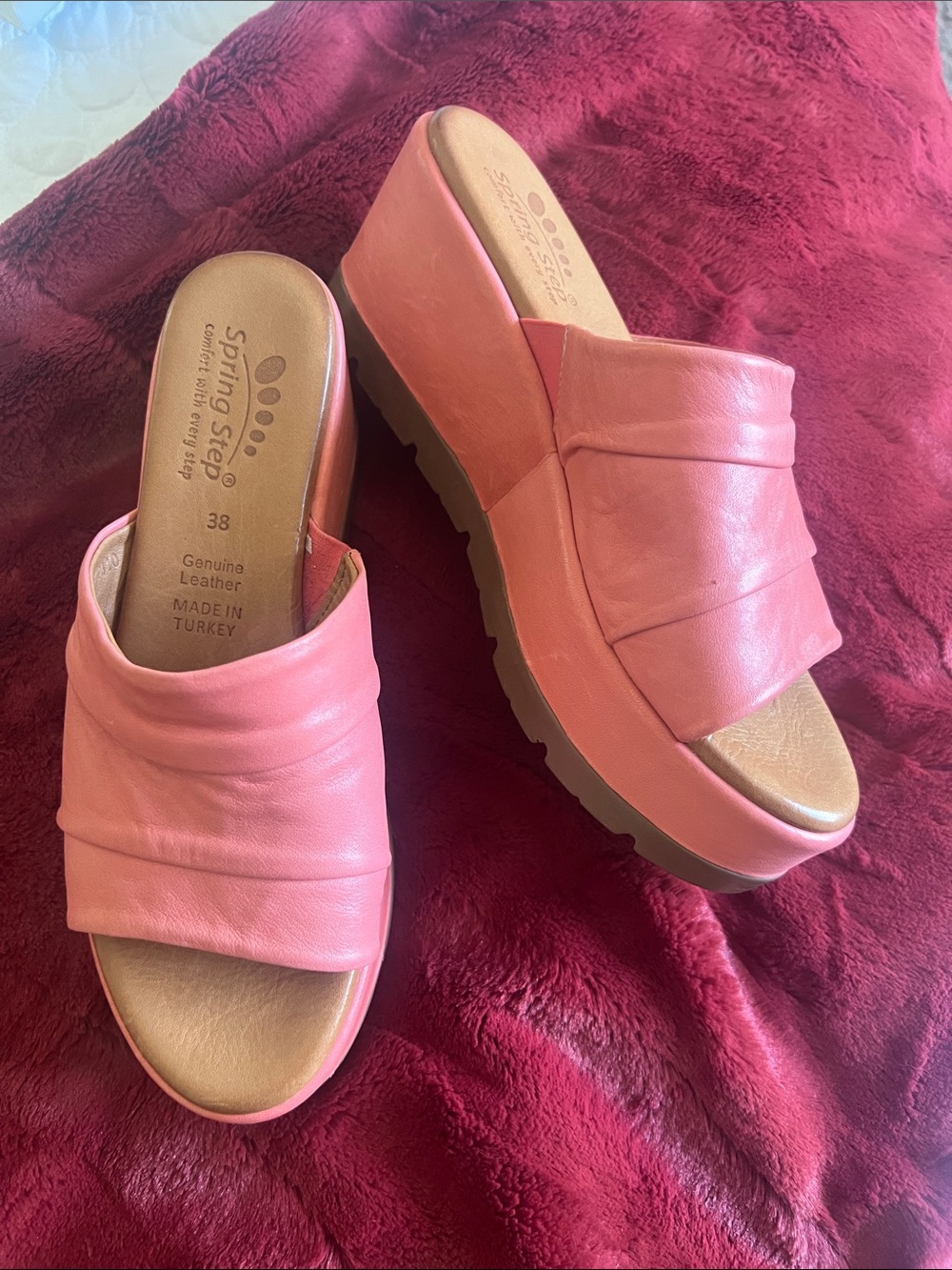 Spring Step Coral Pink Leather Platform Mules
